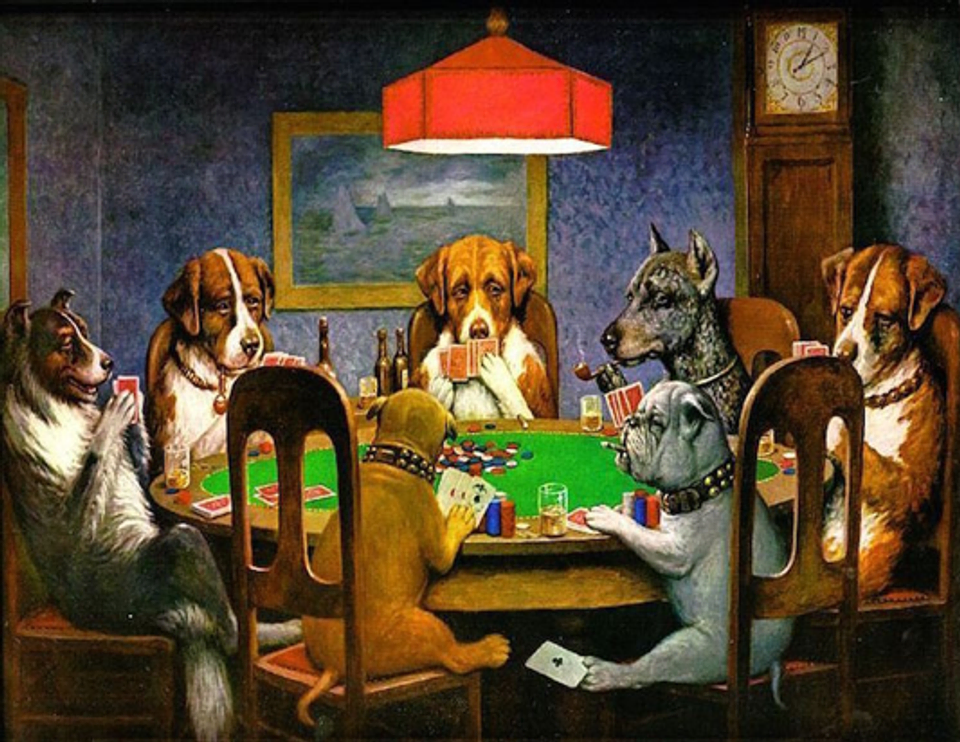 An oil painting of six dogs sitting at a table playing a game of poker