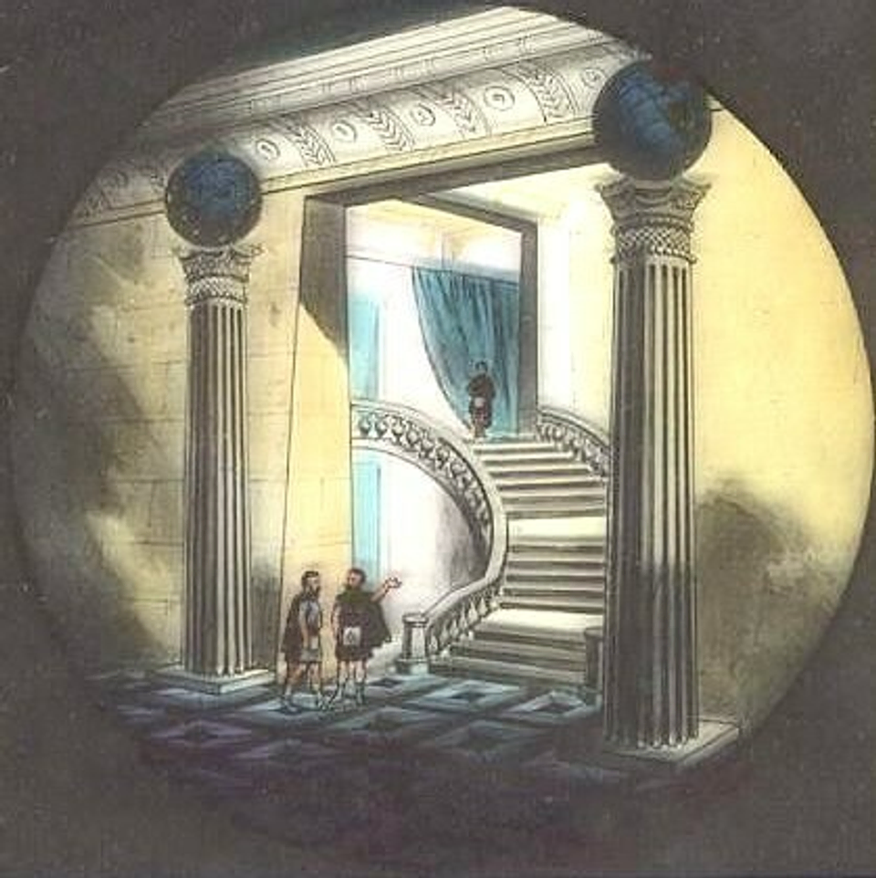 A magic lantern slide portraying Freemasonry's Pillars of the Porch concept