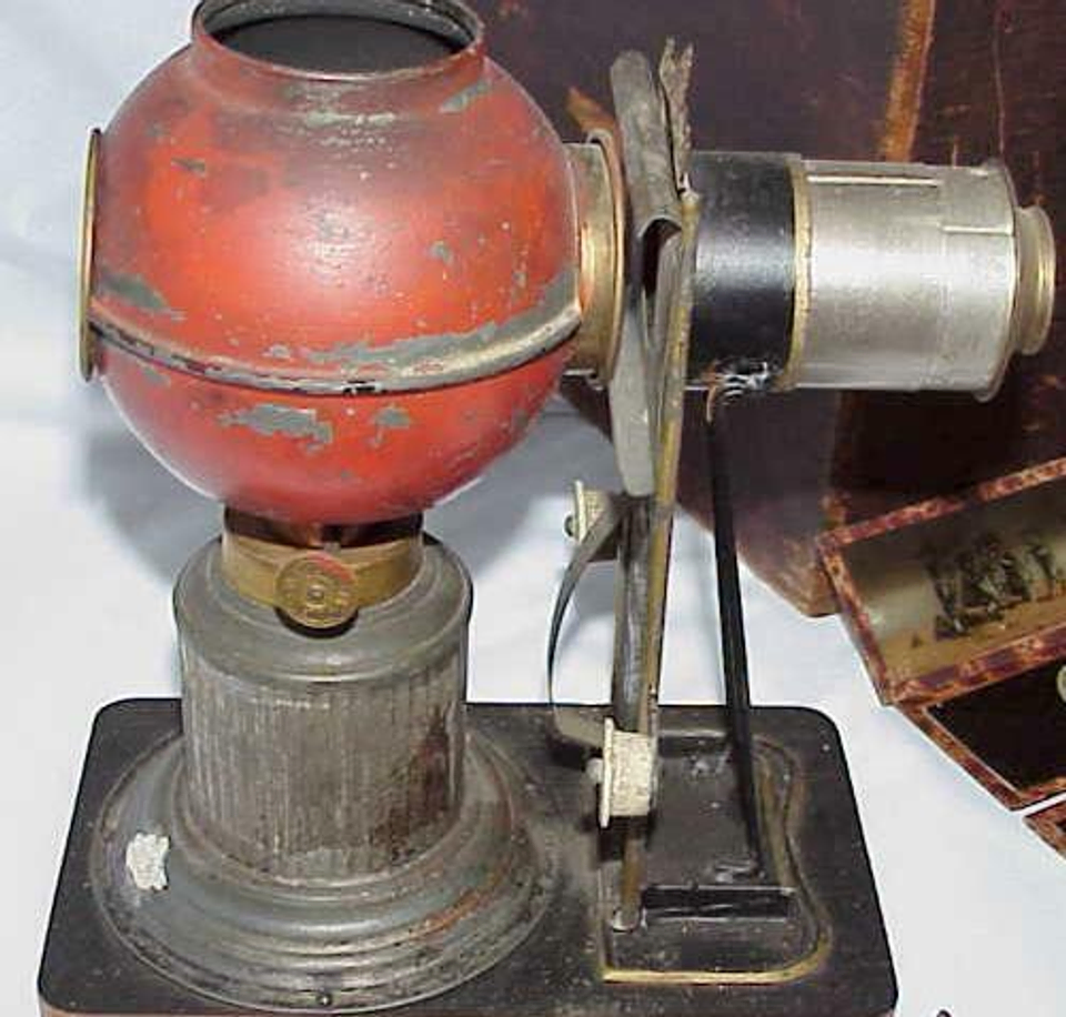 A magic lantern from the late 1870s utilizing a kerosene lamp for light.