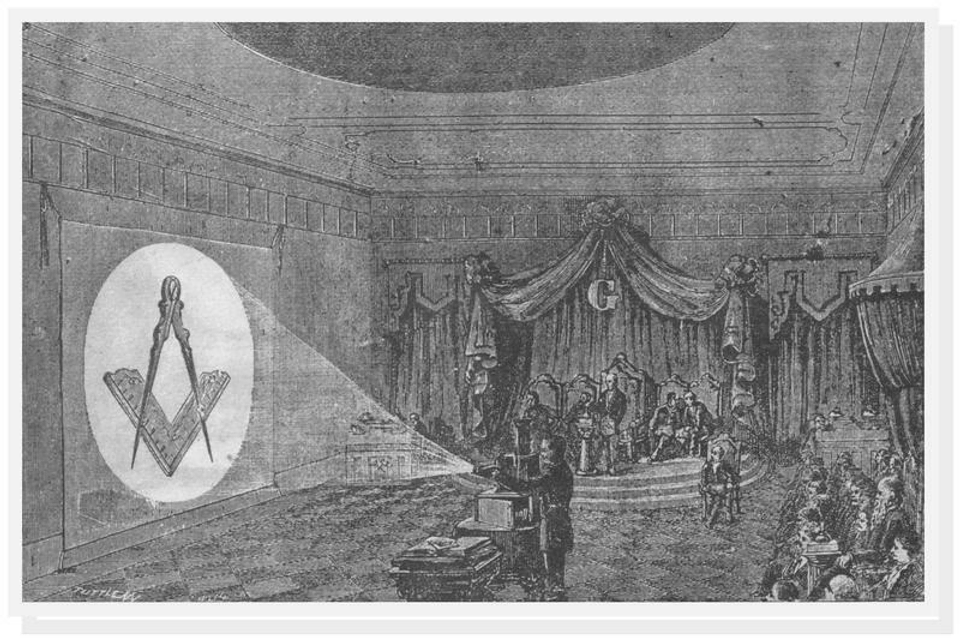 A Masonic lodge using a Magic Lantern to project the square and compass symbol