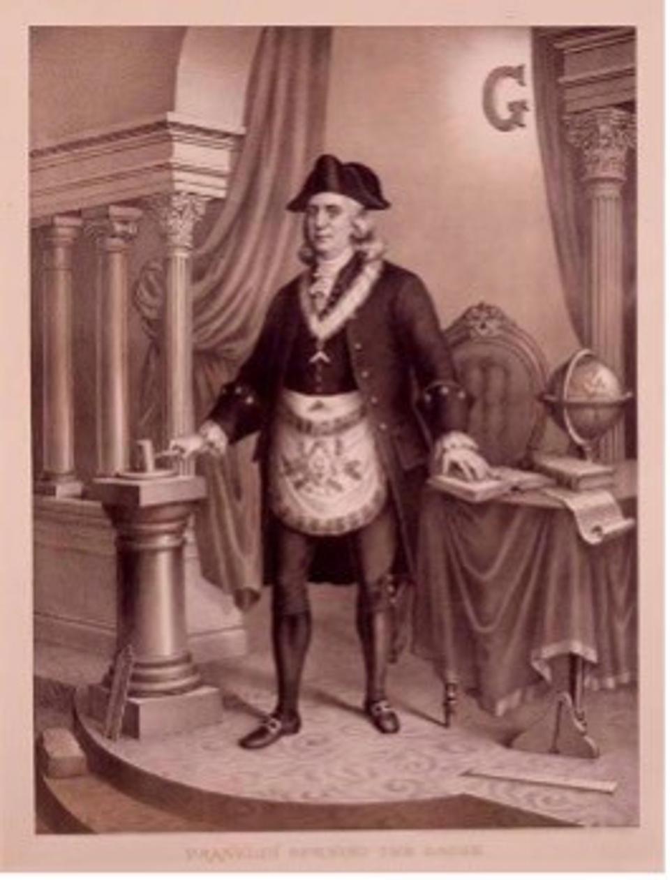 A print depicting Franklin wearing a Masonic apron, standing in a lodge room.