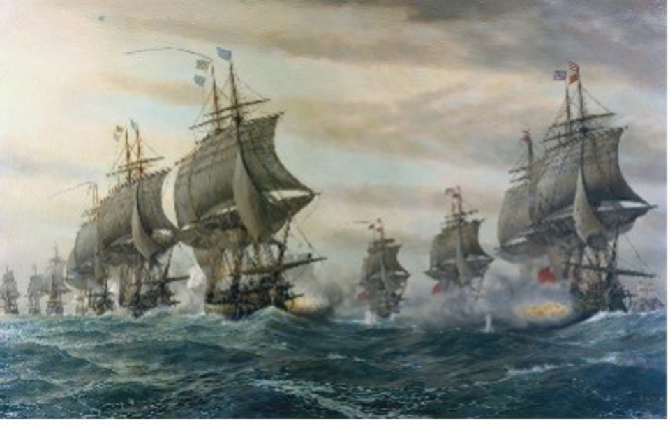 A painting of French and British ships fighting at the Battle of the Chesapeake off Yorktown in 1781