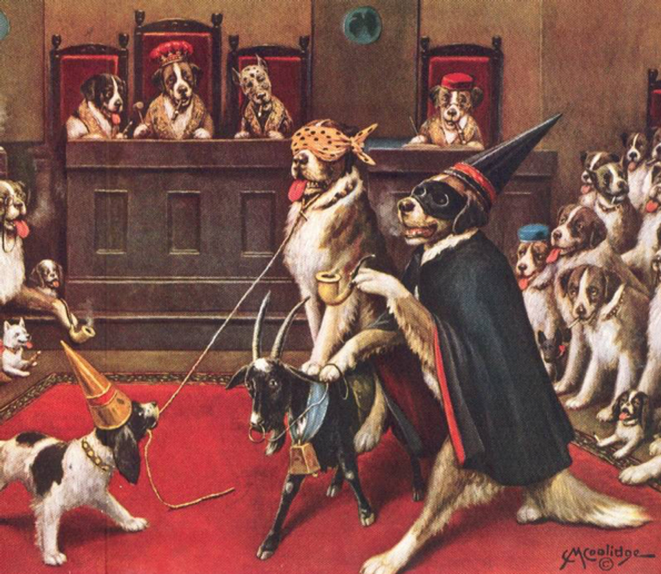 An oil painting of dogs performing a group ritual. In the center, one dog rides a goat while blindfolded.