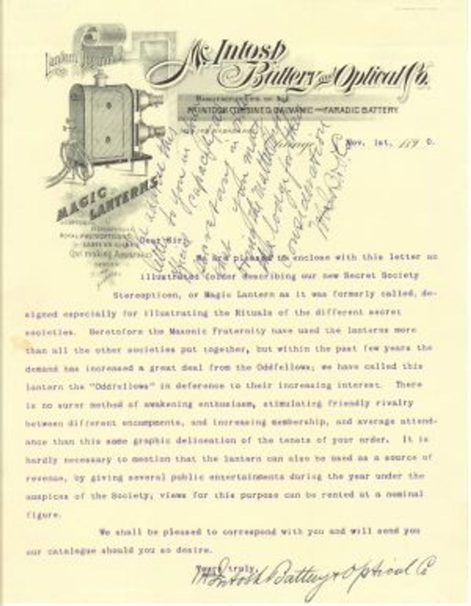 Letter from the McIntosh Battery and Optical Co.
