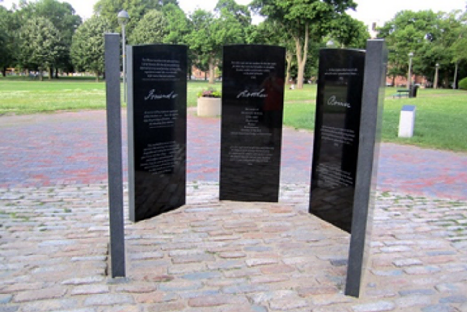 A photograph of the five stone tablets making up the Prince Hall Freemasonry monument in Cambridge, MA