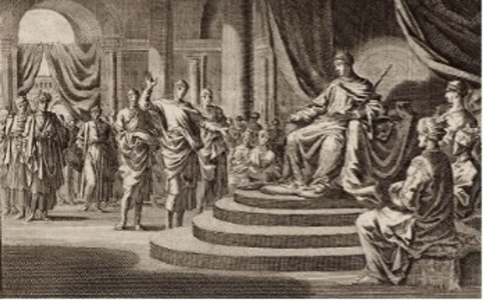 A drawing depicting the historical setting of the Council of Princes of Jerusalem degrees