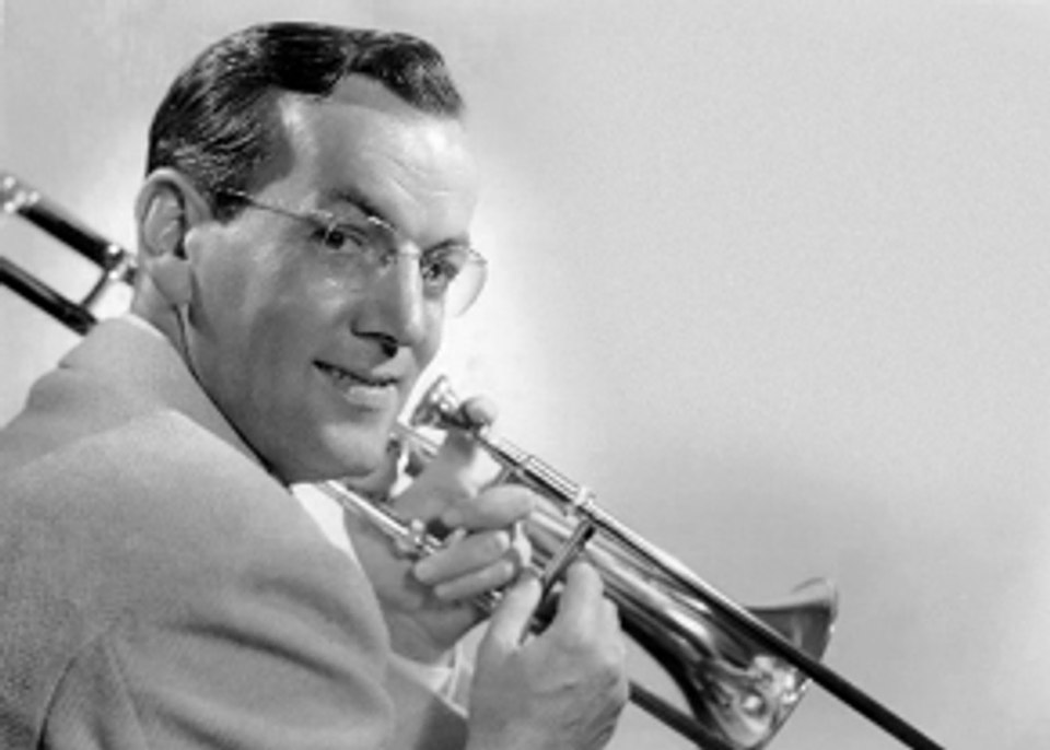 A photograph of Glenn Miller with his trombone
