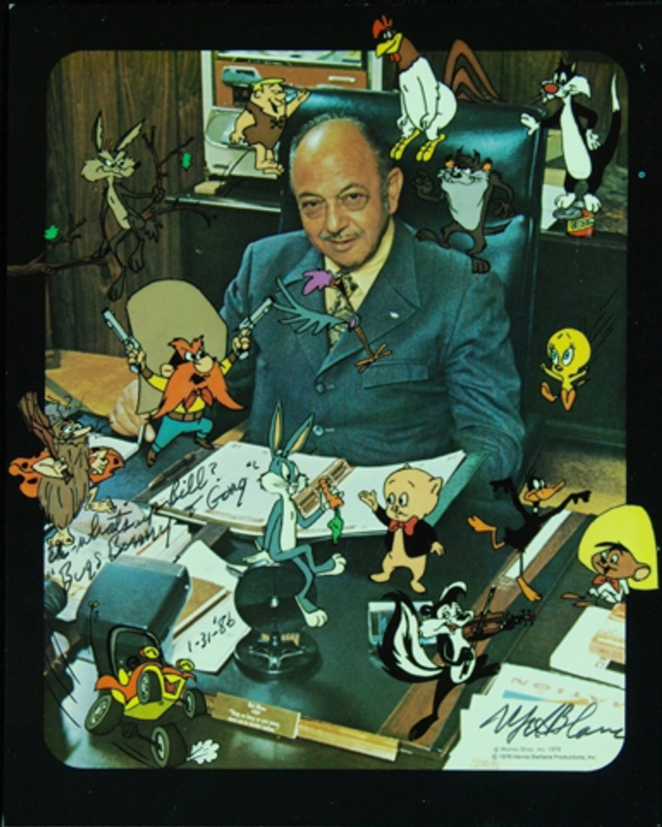 Mel Blanc surrounded by drawings of the cartoon characters he’s voiced