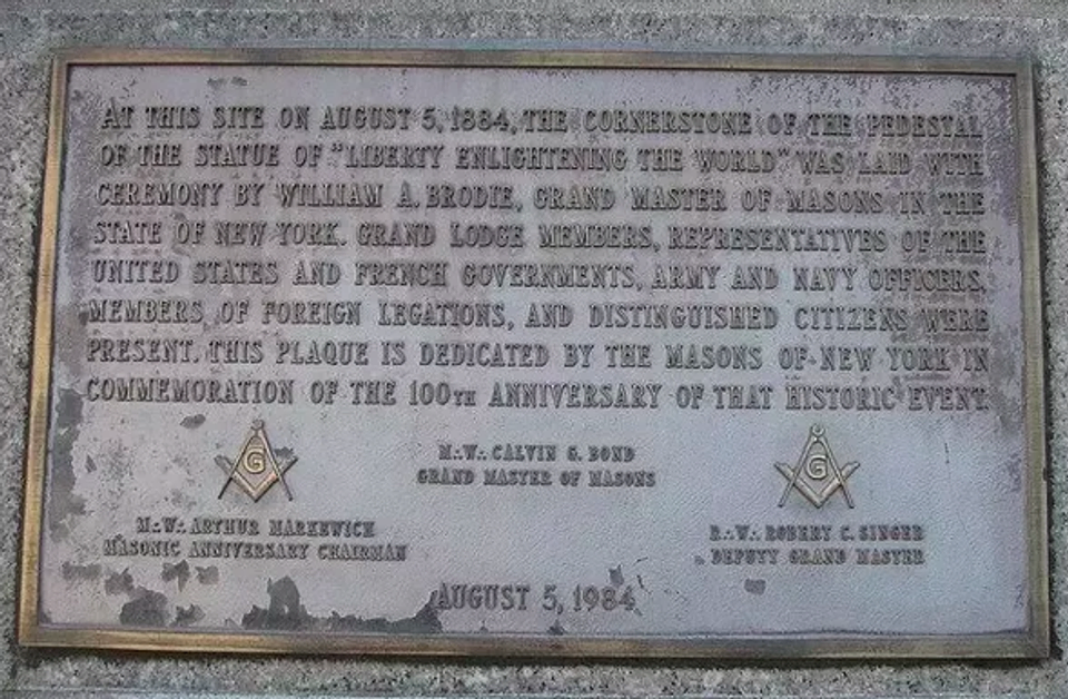 The Statue of Liberty's Cornerstone Plaque, Featuring the Square and Compass