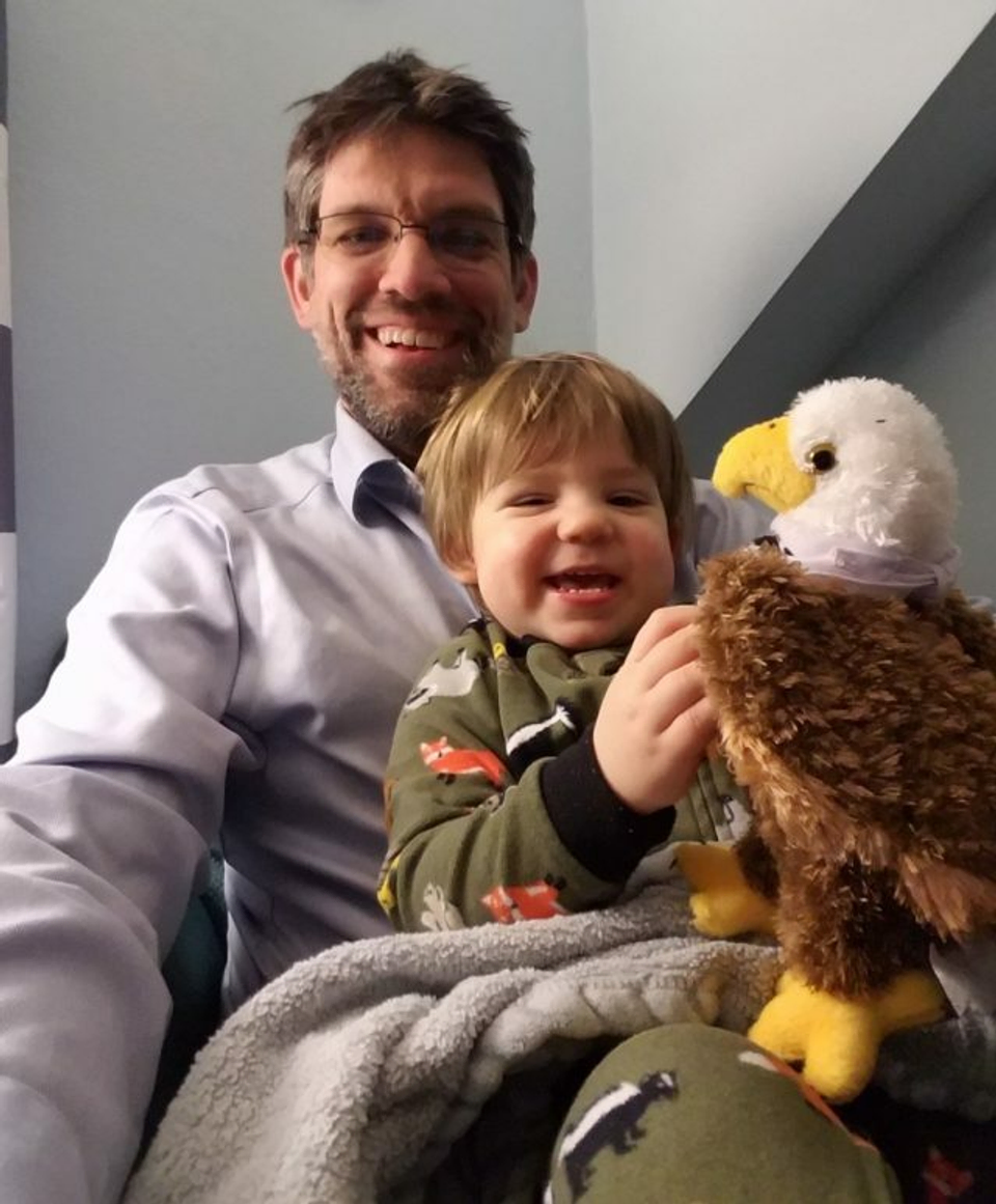 Alf Butler and his 20 month old son Campbell enjoying Scotty the Eagle