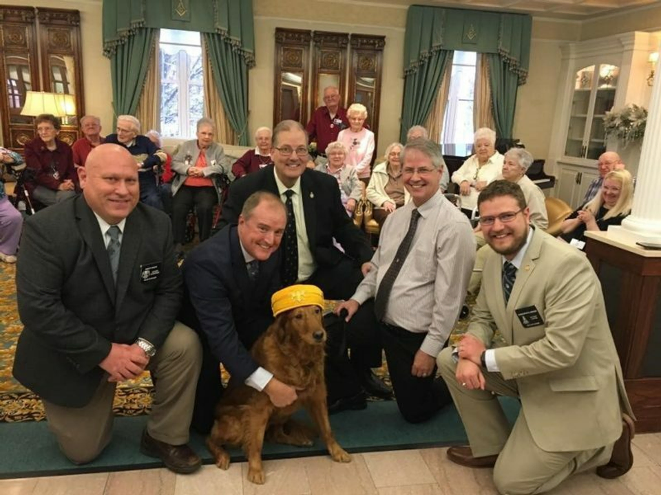 The Valley of Detroit with Shelby the therapy dog, at the Michigan Masonic Home