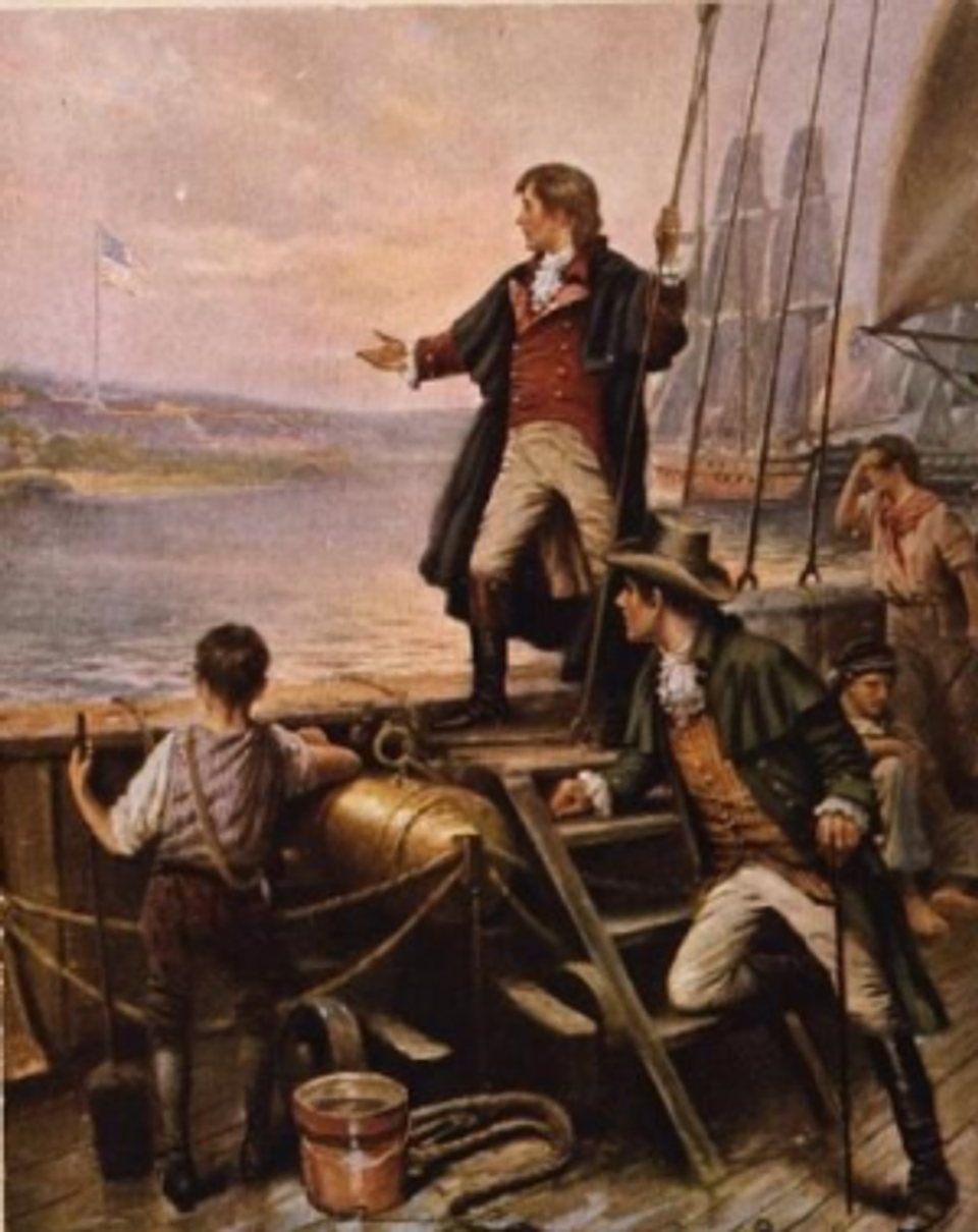 An illustration of Francis Scott Key aboard a naval ship in the war of 1812