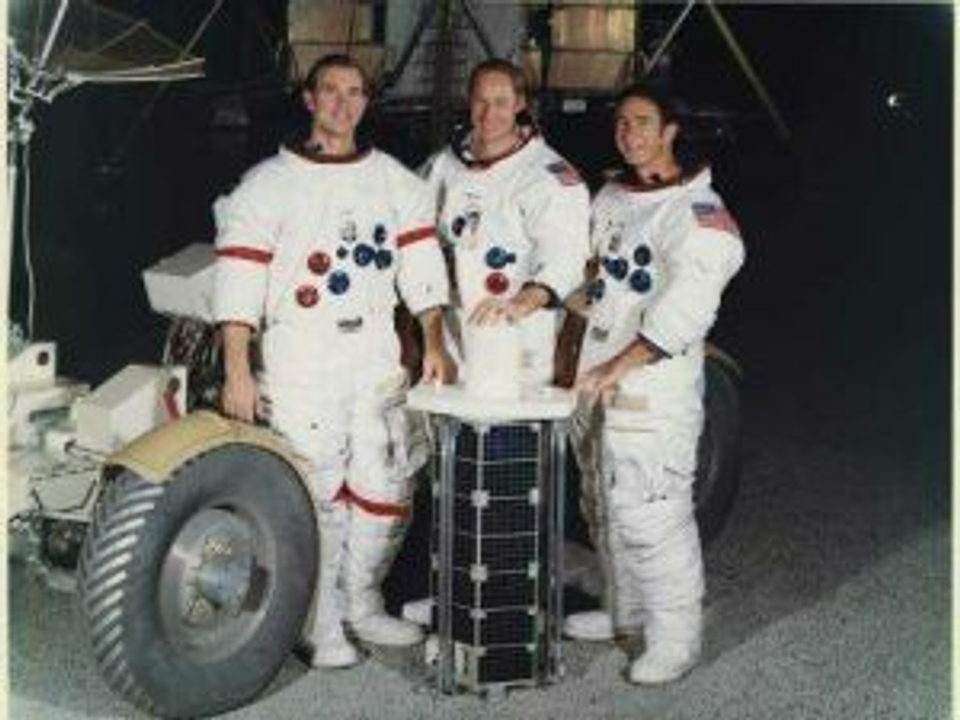James Benson Irwin (right) alongside Apollo 15 crewmates
