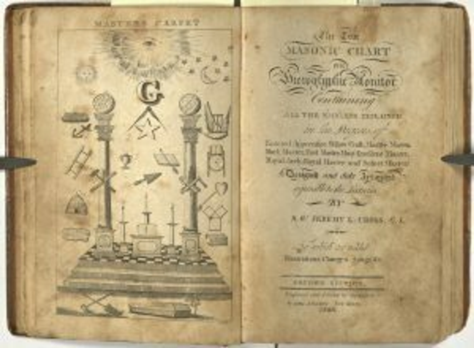 Frontspiece and title page, The True Masonic Chart, 1820. Jeremy L. Cross (1783-1860), New Haven, Connecticut. Scottish Rite Masonic Museum & Library, RARE 14.1 .C951 1820.