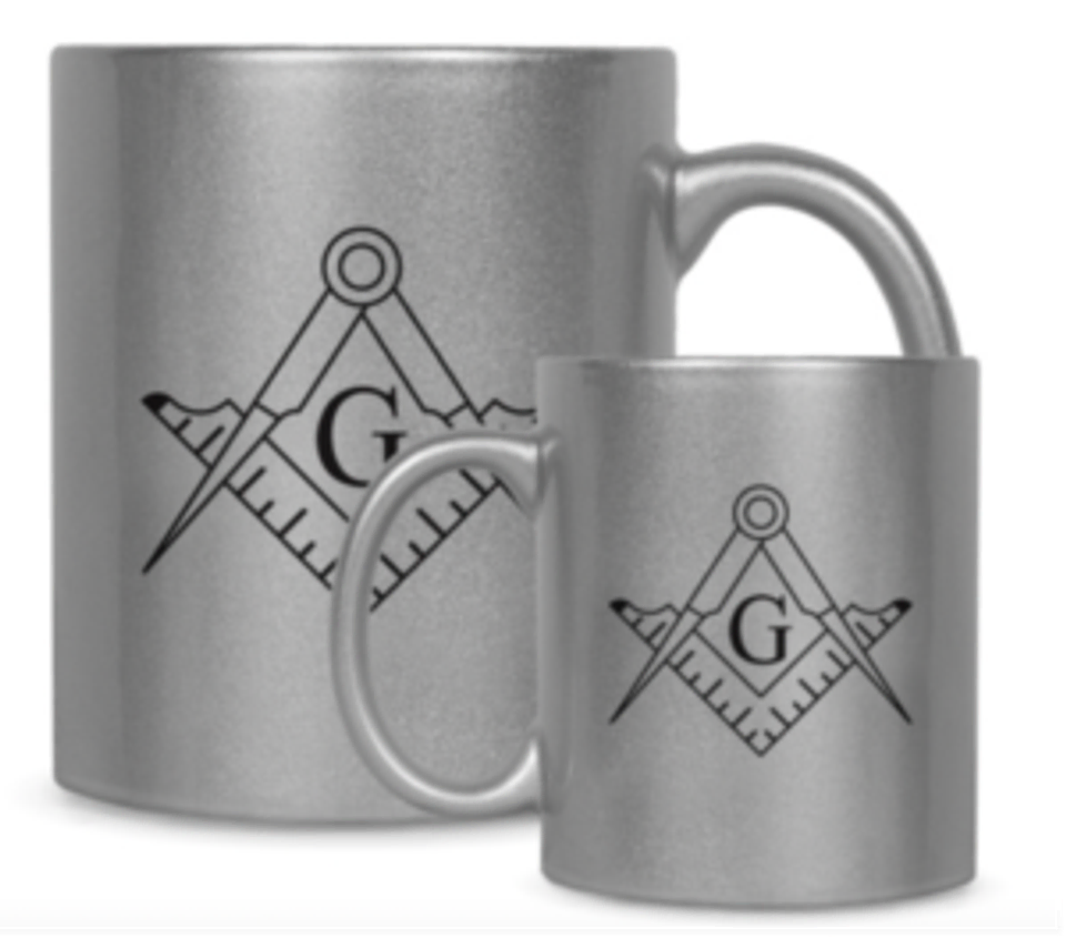 Photograph of a silver metallic mug with the Masonic square and compass imprinted on the front from the Masonic Marketplace
