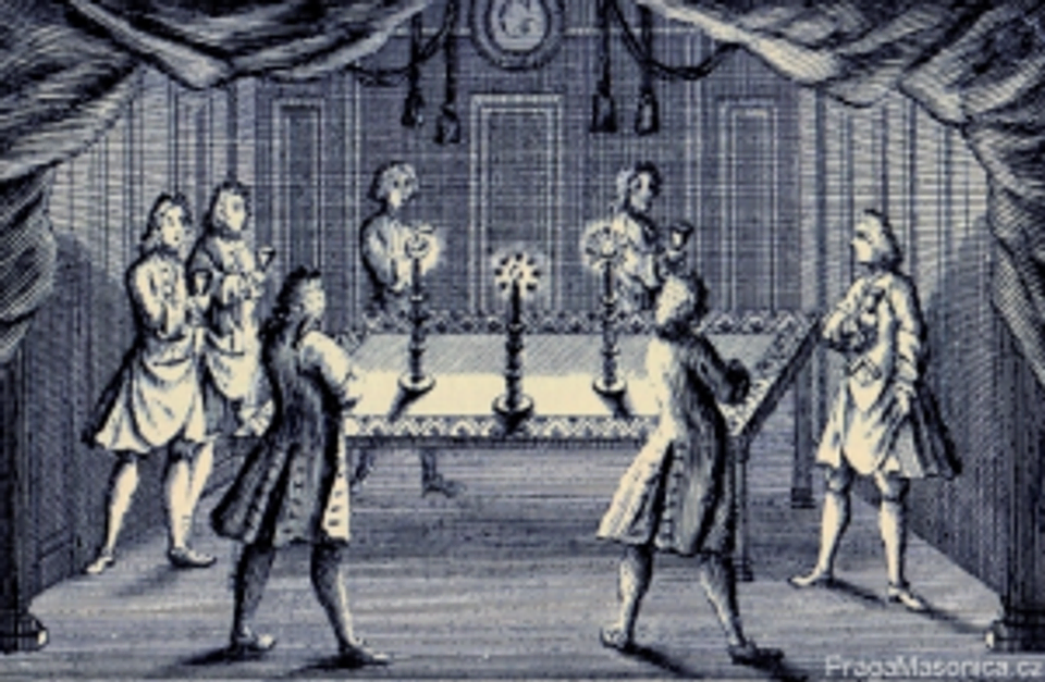 Engraving by H Roberts in 1738 showing seven brethren in a lodge room around a table taking wine.