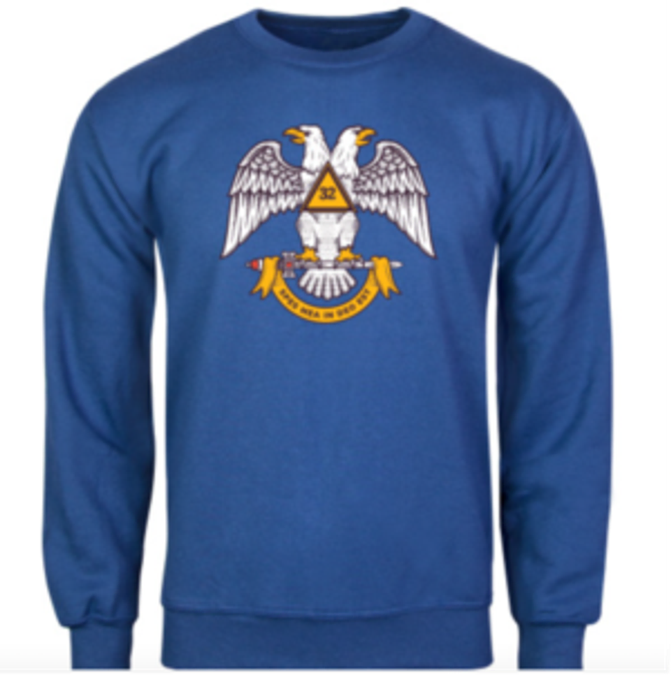 A navy fleece sweatshirt from The Masonic Marketplace printed with the double-headed eagle and “Spes Mea in Deo Est” on the front.