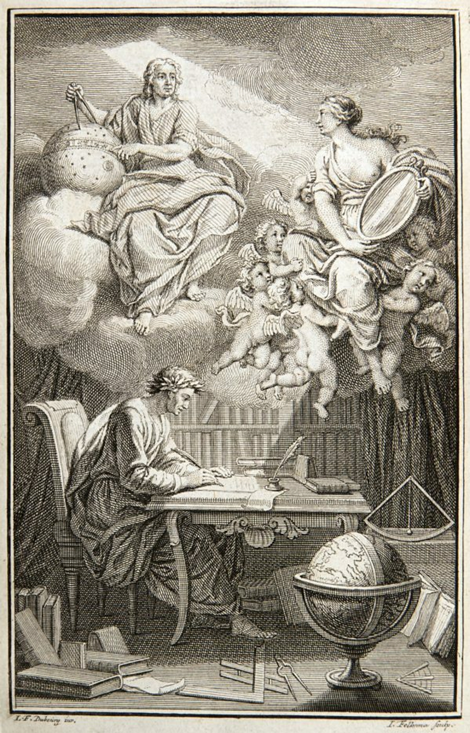 An illustration of Voltaire translating the work of Sir Isaac Newton