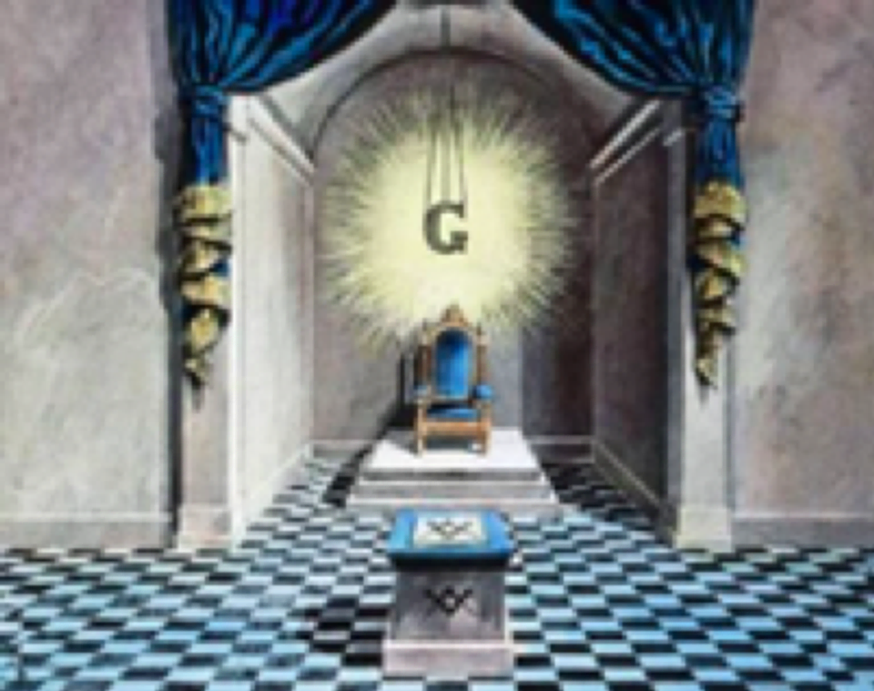 A drawing showing the Letter “G” hanging on the wall of a Masonic lodge