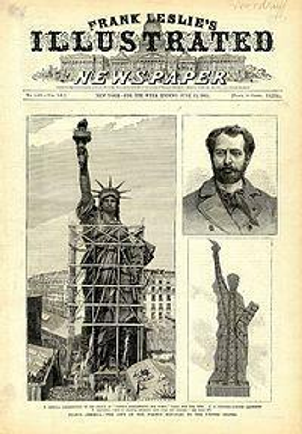 A newspaper clipping of the Statue of Liberty Project, featuring Brother Bartholdi